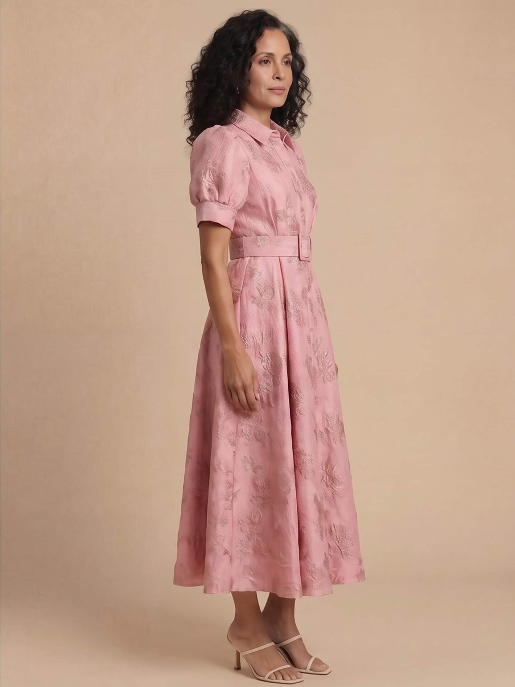 Damen-Maxi-Hemdkleid mit Gürtel und Puffärmeln