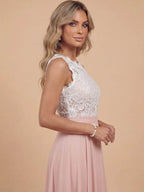 Ärmelloses Damen Maxi-Kleid mit Spitzenoberteil und Chiffonrock
