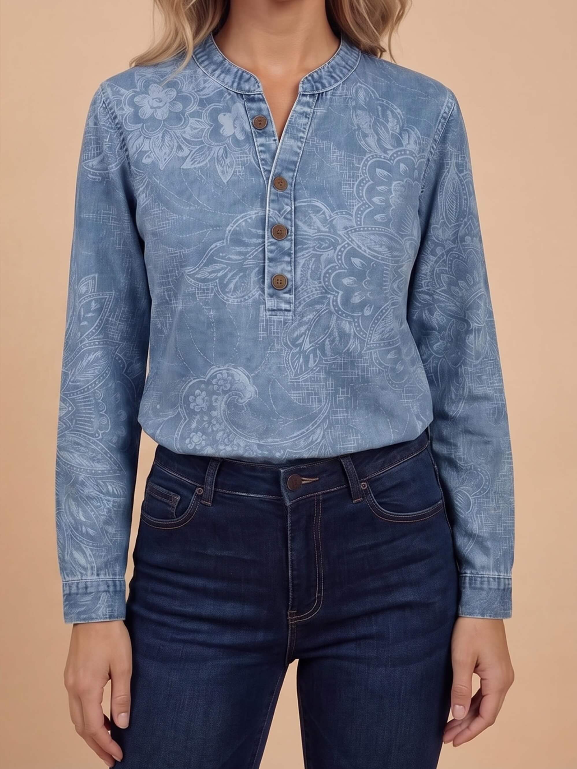 Damen-Langarmtop mit Paisley-Muster und Knopfdetails