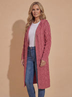 Damen Strickjacke mit Kapuze im Zopfmuster – Lange Wärme & Taschenkomfort