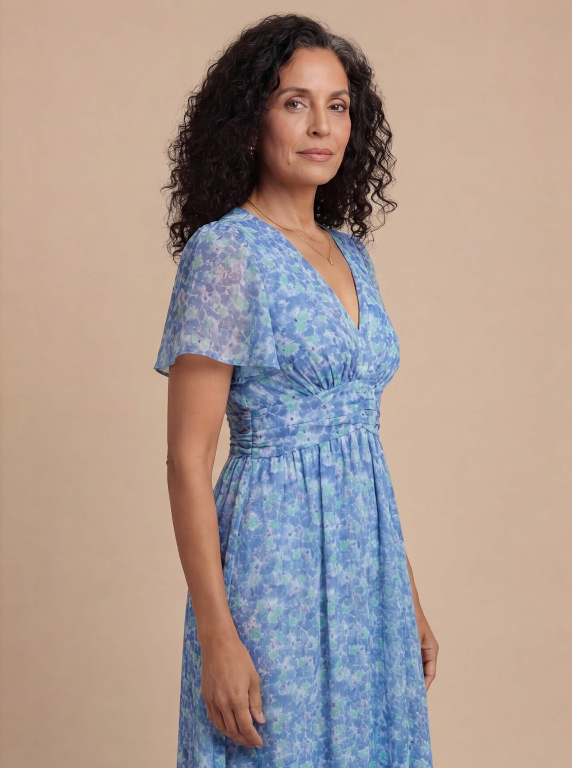 Vestido para mujer – Vestido maxi floral con escote en V y mangas cortas