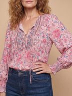 Damenbluse mit Blumenmuster und Bindeband-Ausschnitt