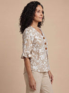 Damenbluse mit Blumenmuster, Knopfleiste und Rüschenärmeln