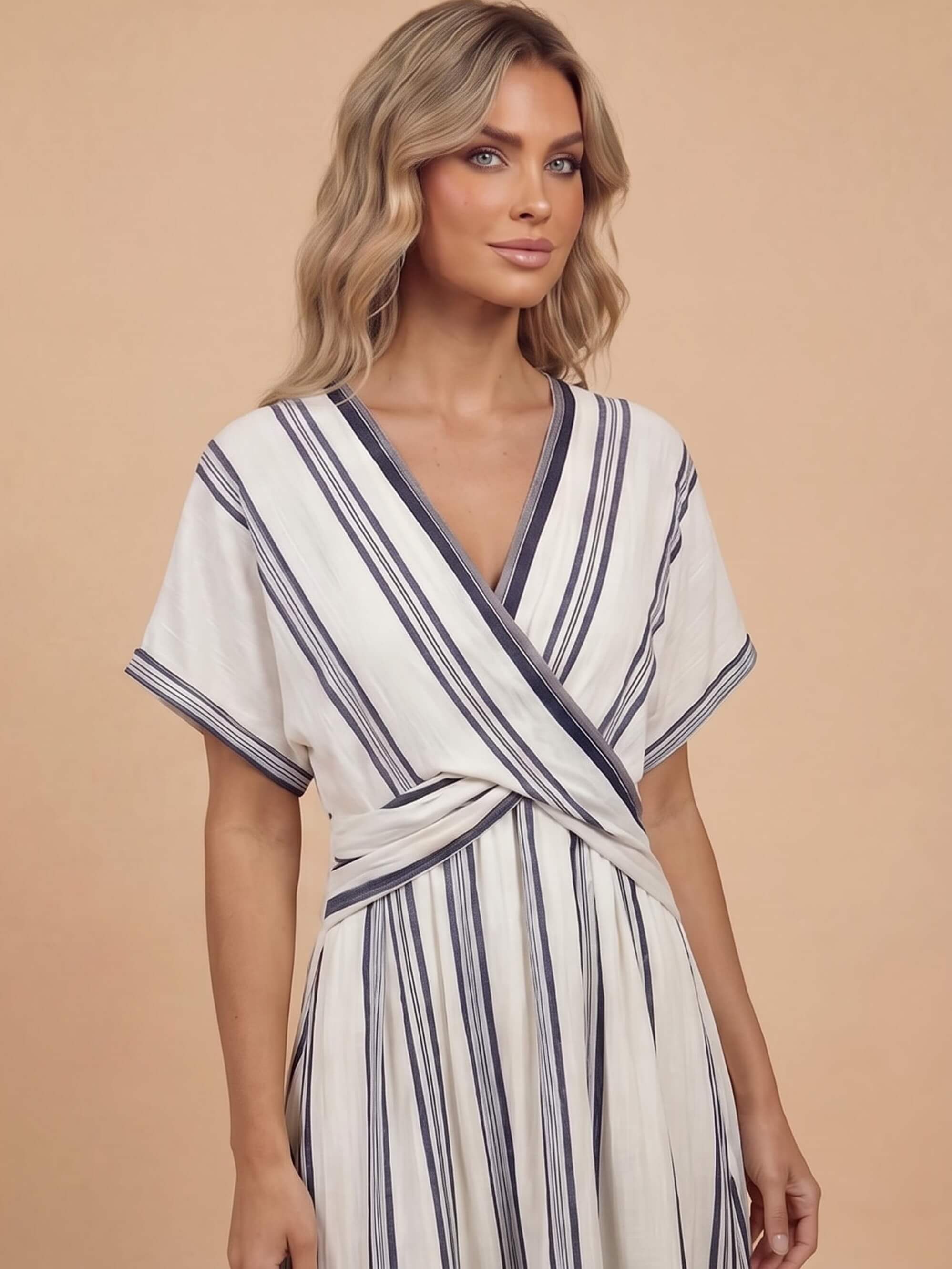 Gestreiftes Damen-Maxikleid in Wickeloptik