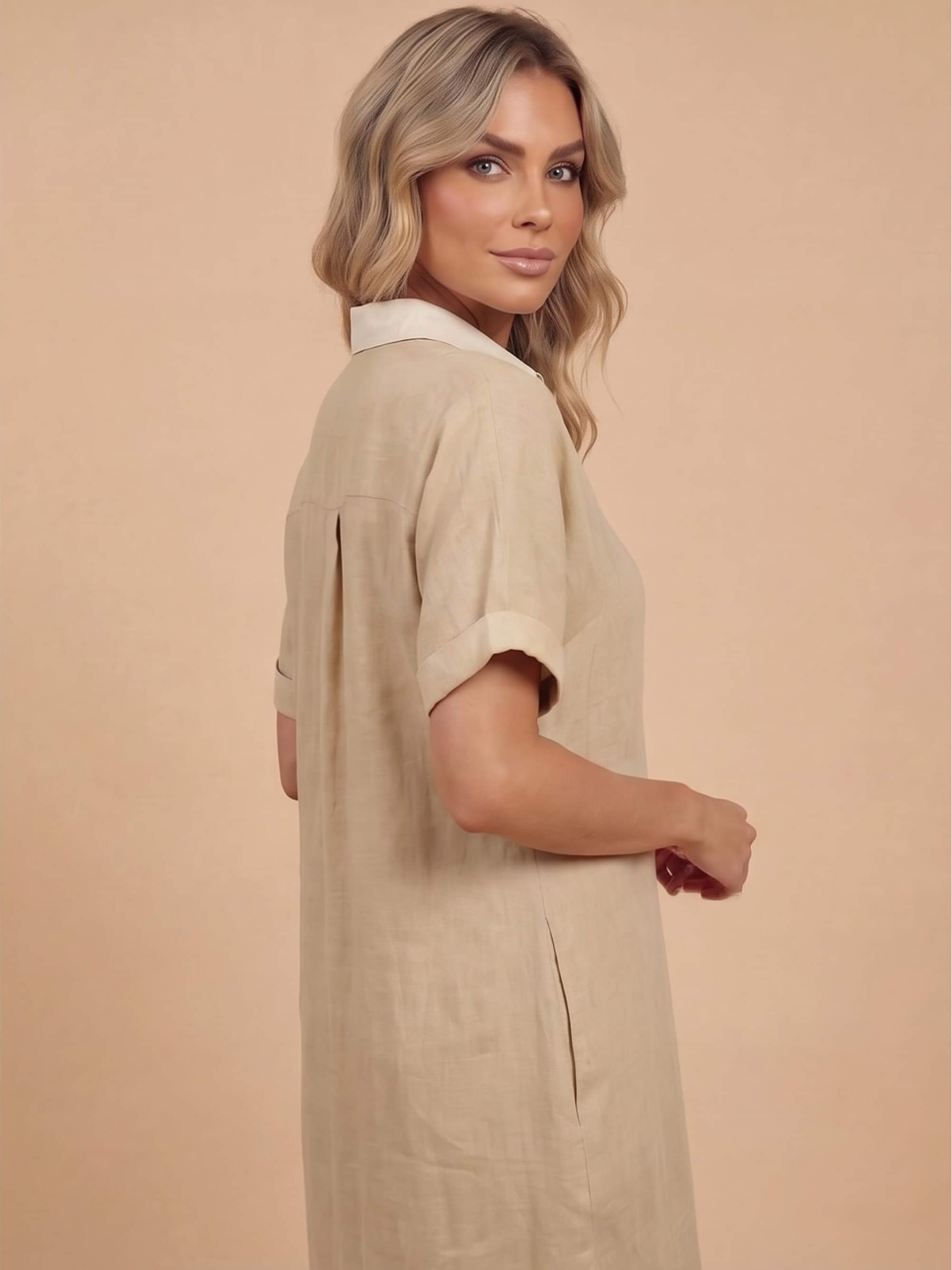 Damen-Maxi-Hemdkleid mit Knopfleiste und Kurzarm