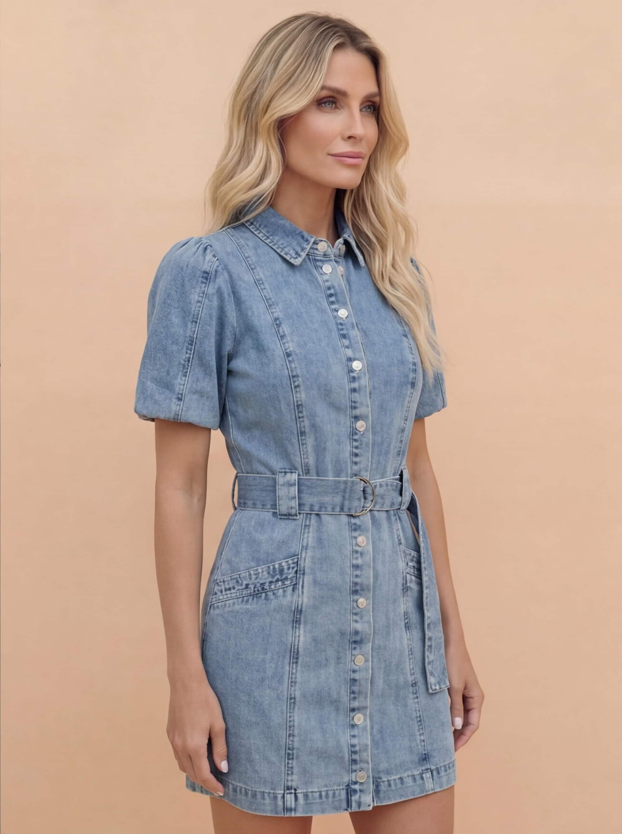 Vestido mini de mezclilla para mujer con cinturón