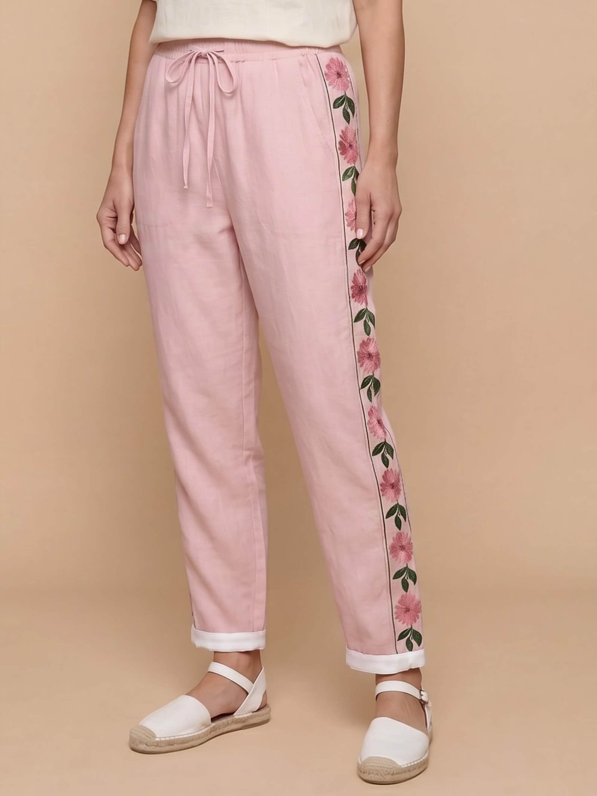 Damenhose mit floralem Seitenstreifen und Tunnelzug