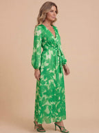 Damen Satin Maxikleid mit Tiefem V-Ausschnitt und Langen Ärmeln