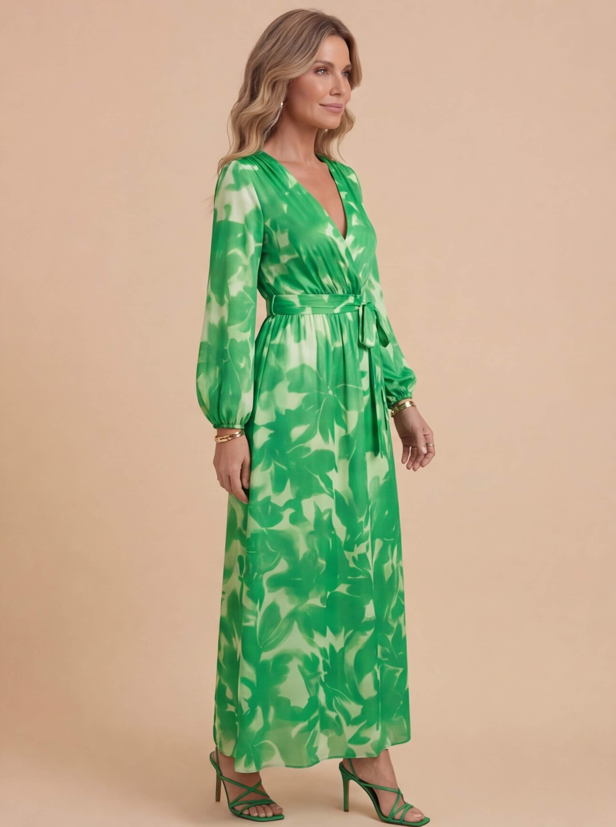 Damen Satin Maxikleid mit Tiefem V-Ausschnitt und Langen Ärmeln