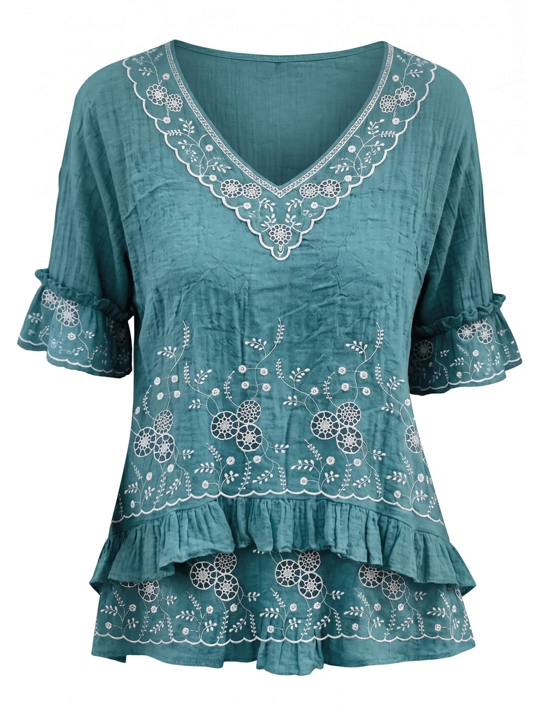 Damenbluse mit Stickerei und Rüschensaum