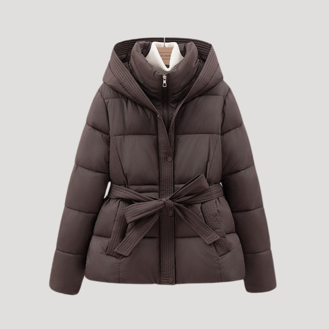 Damen Winter Steppjacke – Taillierte Kapuzenjacke mit Bindegürtel