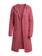Damen Strickjacke mit Kapuze im Zopfmuster – Lange Wärme & Taschenkomfort
