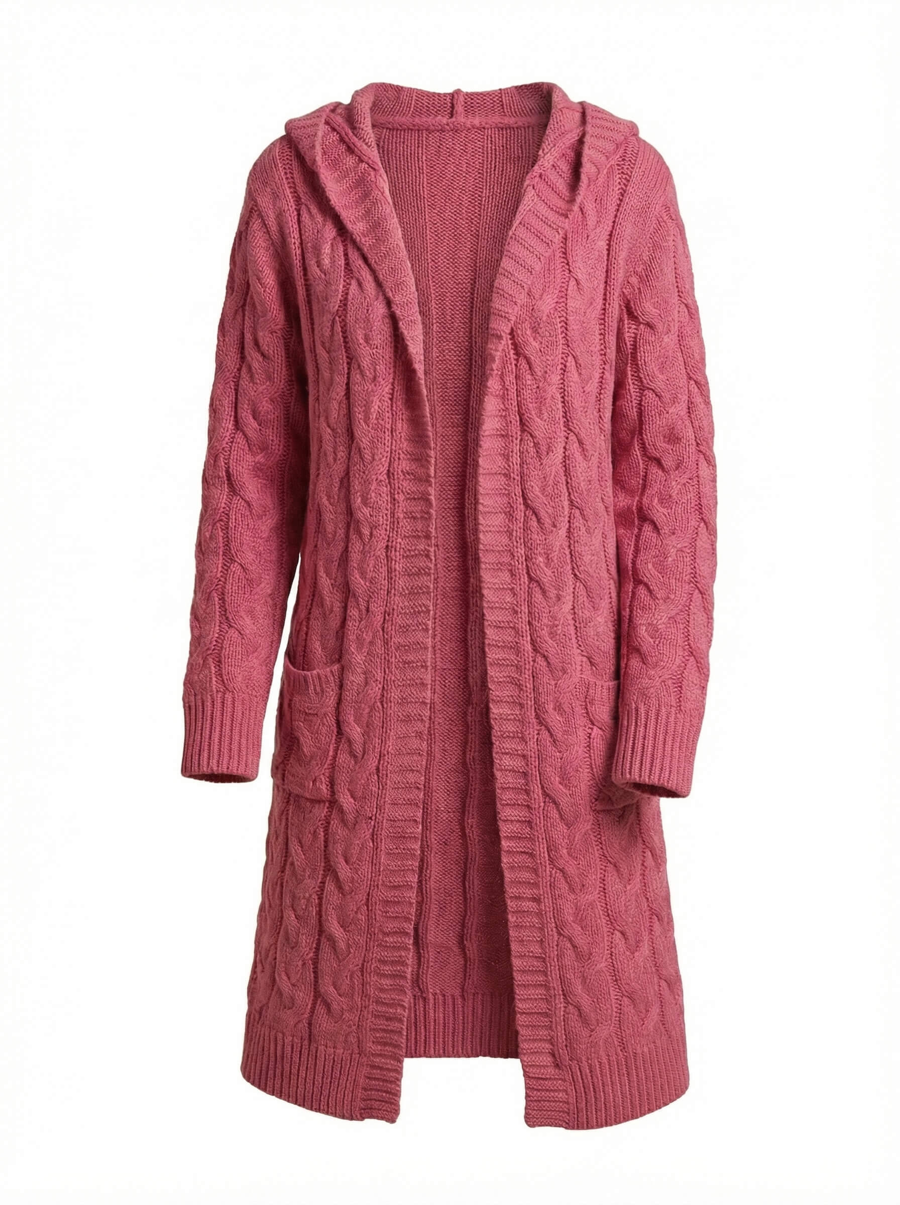 Damen Strickjacke mit Kapuze im Zopfmuster – Lange Wärme & Taschenkomfort
