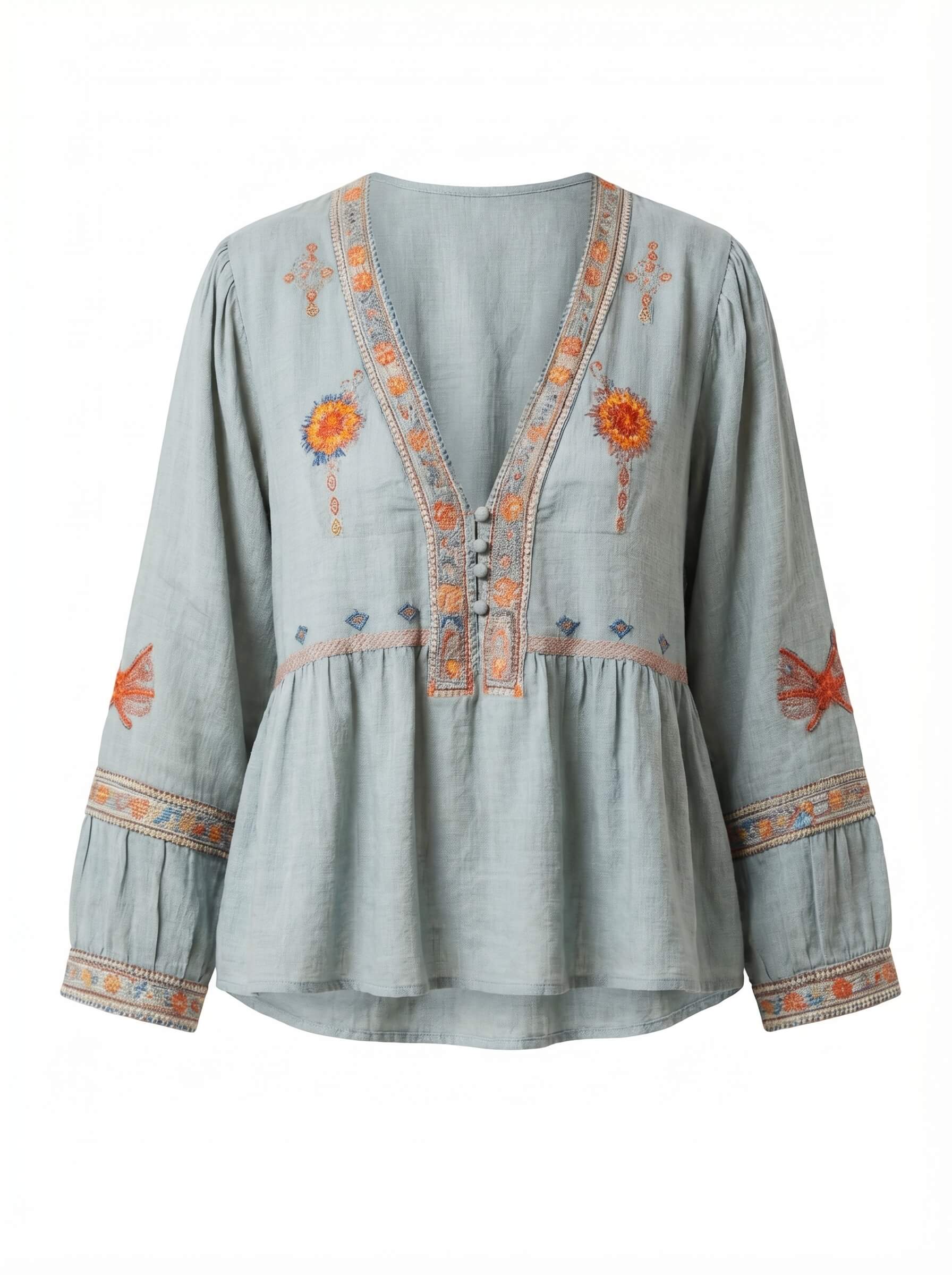 Damenbluse – Bestickte Sommerbluse mit Langen Ärmeln