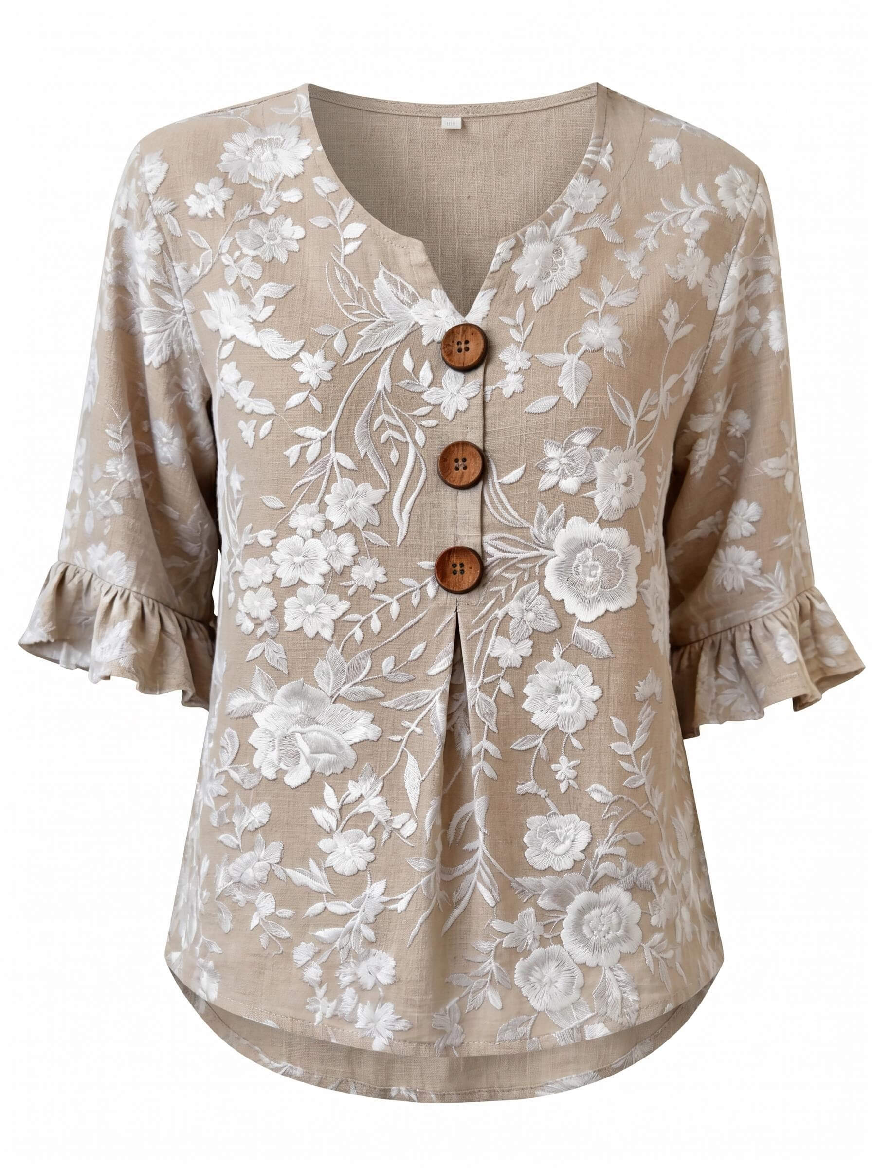 Damenbluse mit Blumenmuster, Knopfleiste und Rüschenärmeln