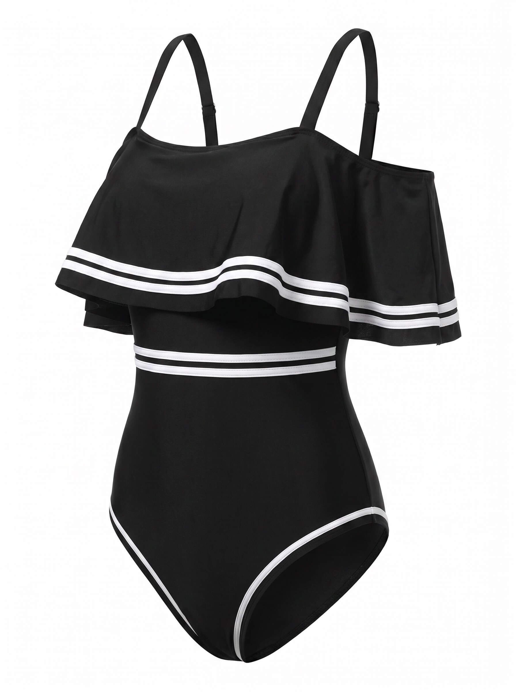 Damen-Badeanzug mit Off-Shoulder-Rüschen und Trägern