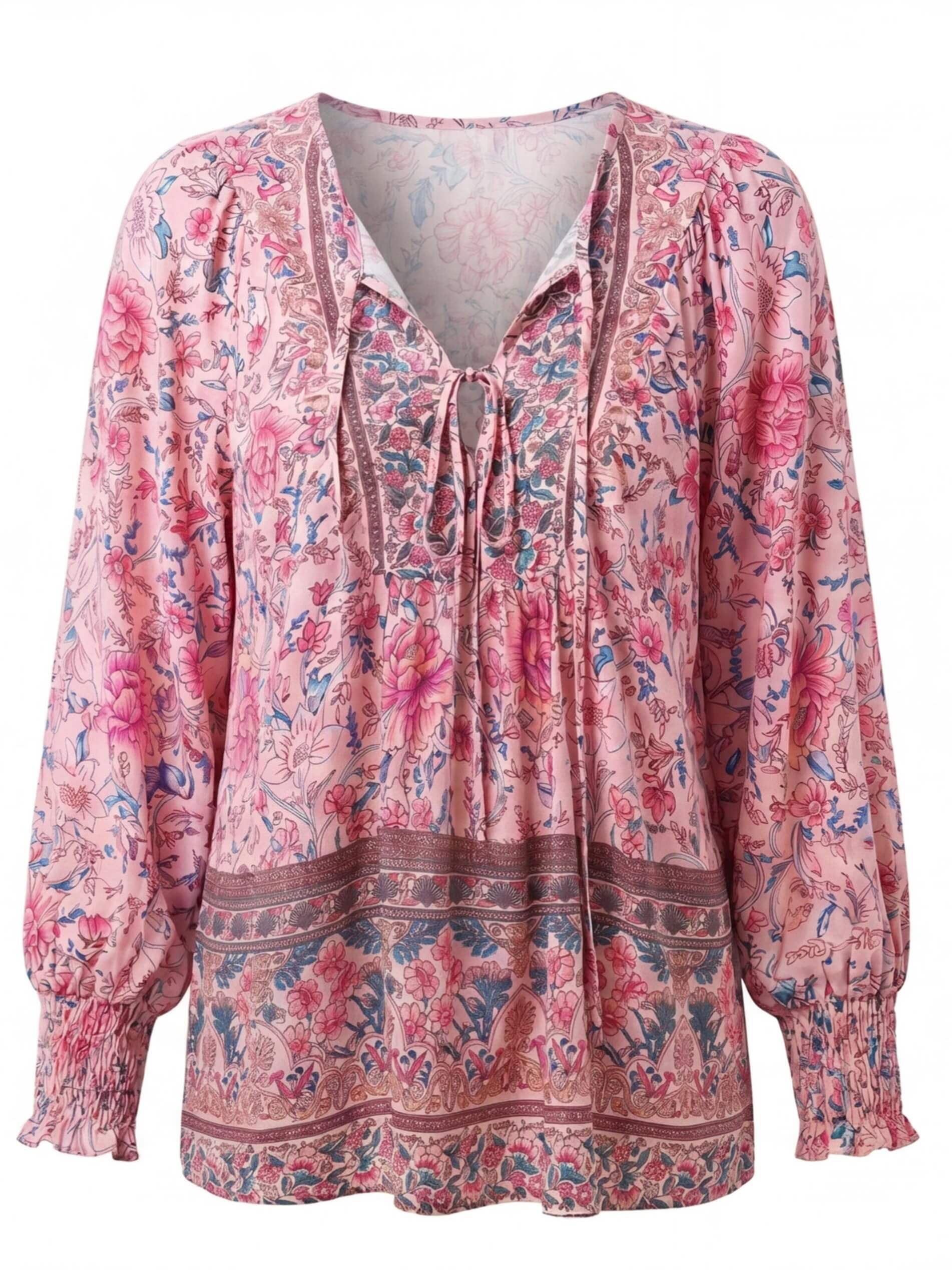 Damenbluse mit Blumenmuster und Bindeband-Ausschnitt
