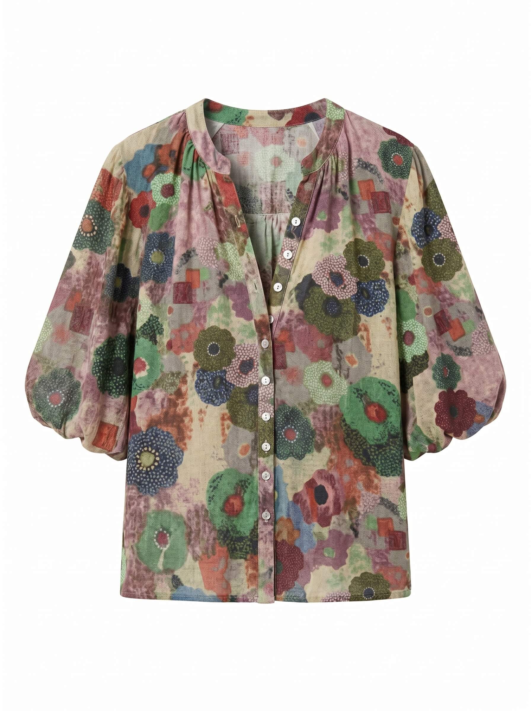 Damenbluse mit Blumenmuster und Knopfleiste – Fließende Passform