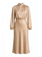 Elegantes Damen Midi-Kleid mit hohem Ausschnitt und langen Ärmeln