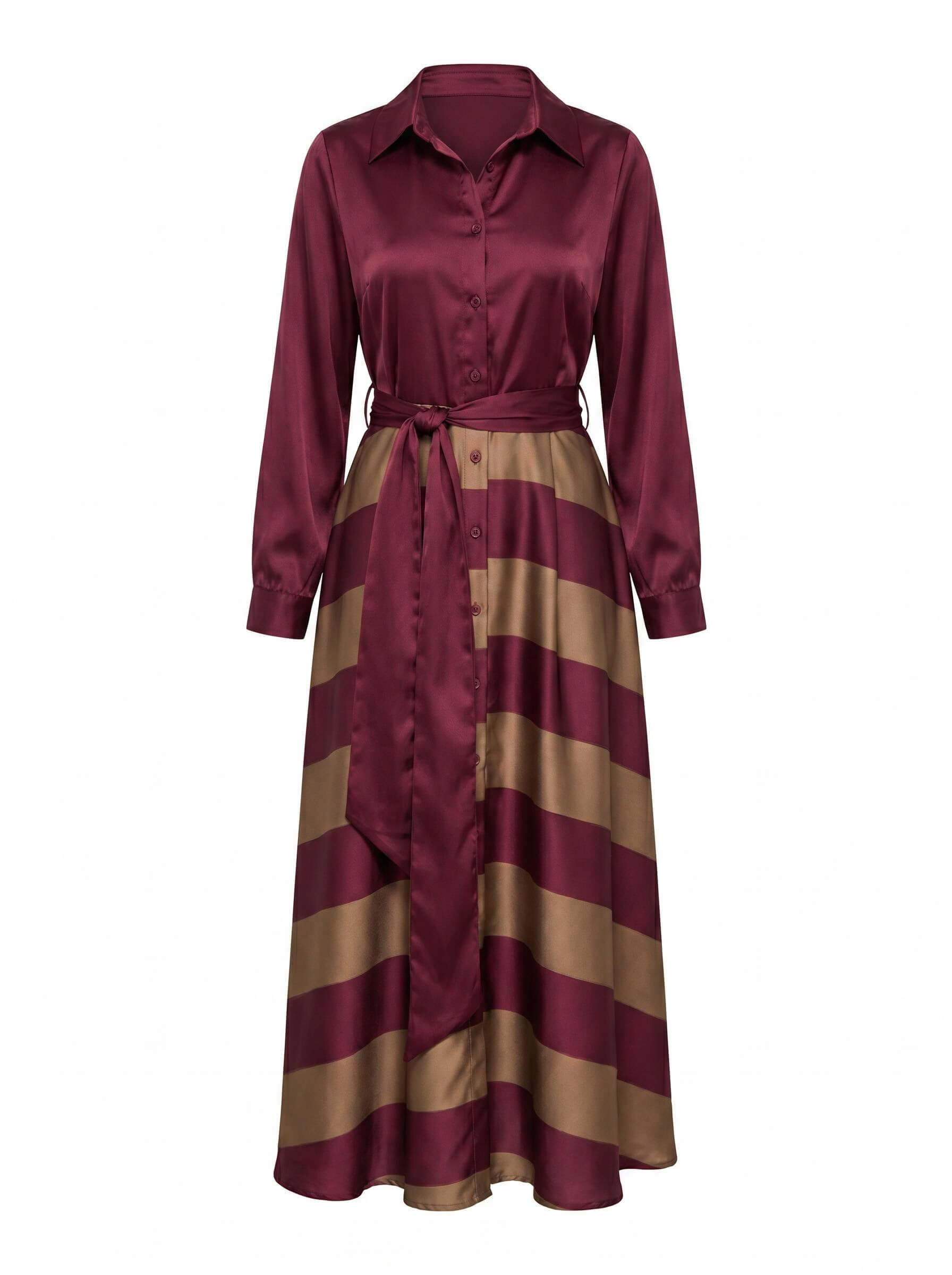 Gestreiftes Damen-Maxi-Hemdkleid mit Bindegürtel
