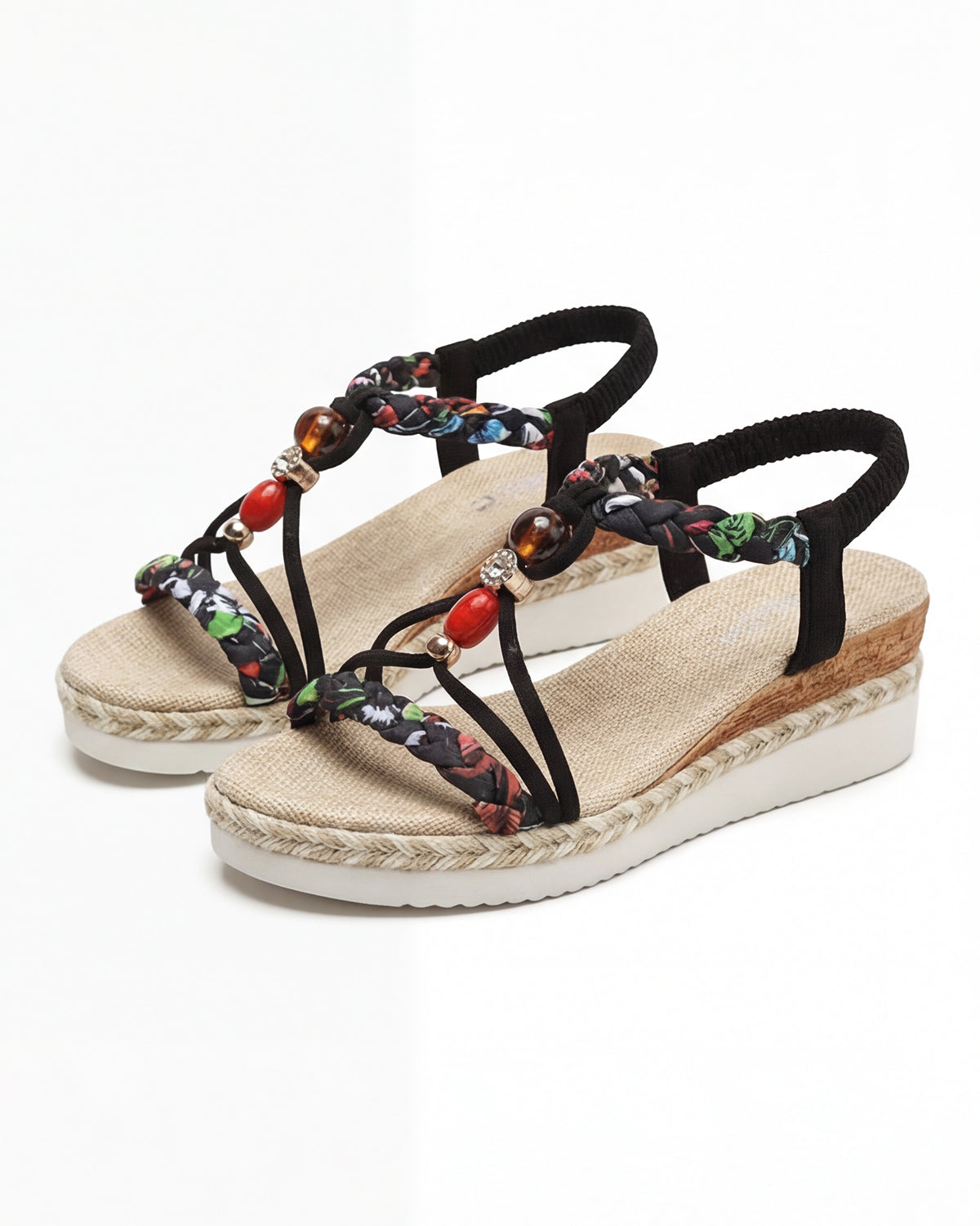 Damen Plateau Sandalen mit Perlenbesetztem Geflochtenem Riemen
