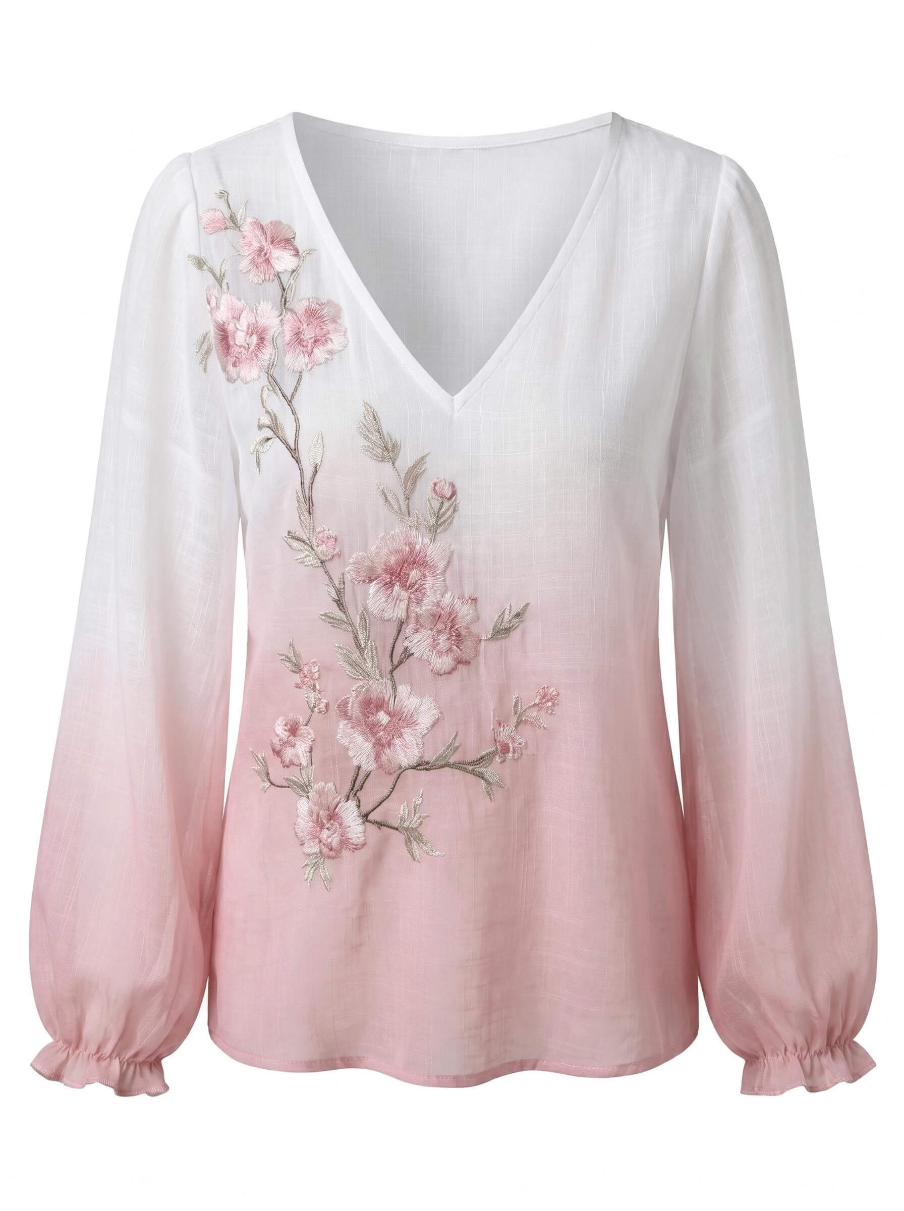 Damenbluse mit Blumenstickerei und V-Ausschnitt