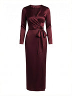 Damen Satin Wickel Midikleid mit Taillenband
