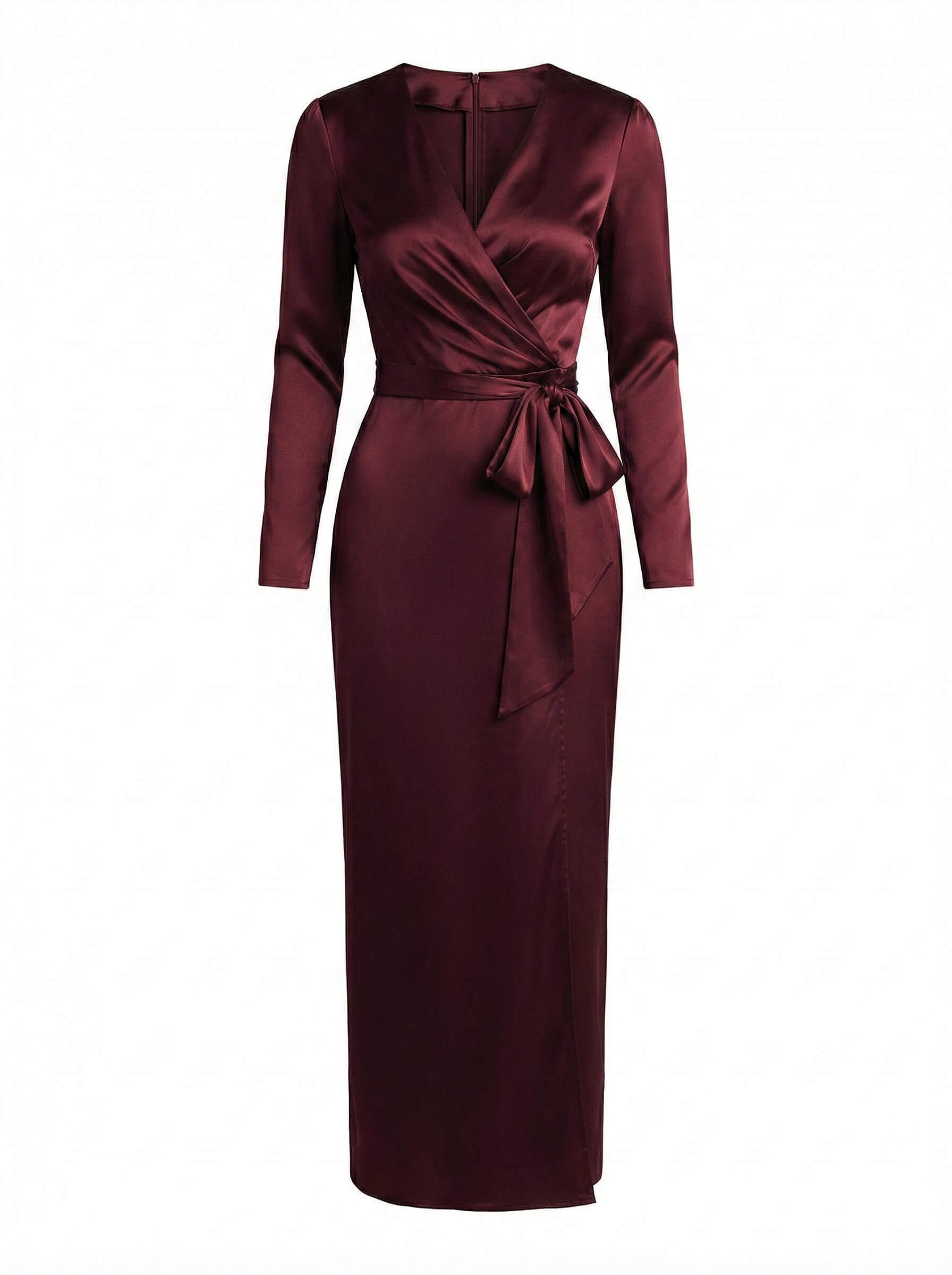 Damen Satin Wickel Midikleid mit Taillenband