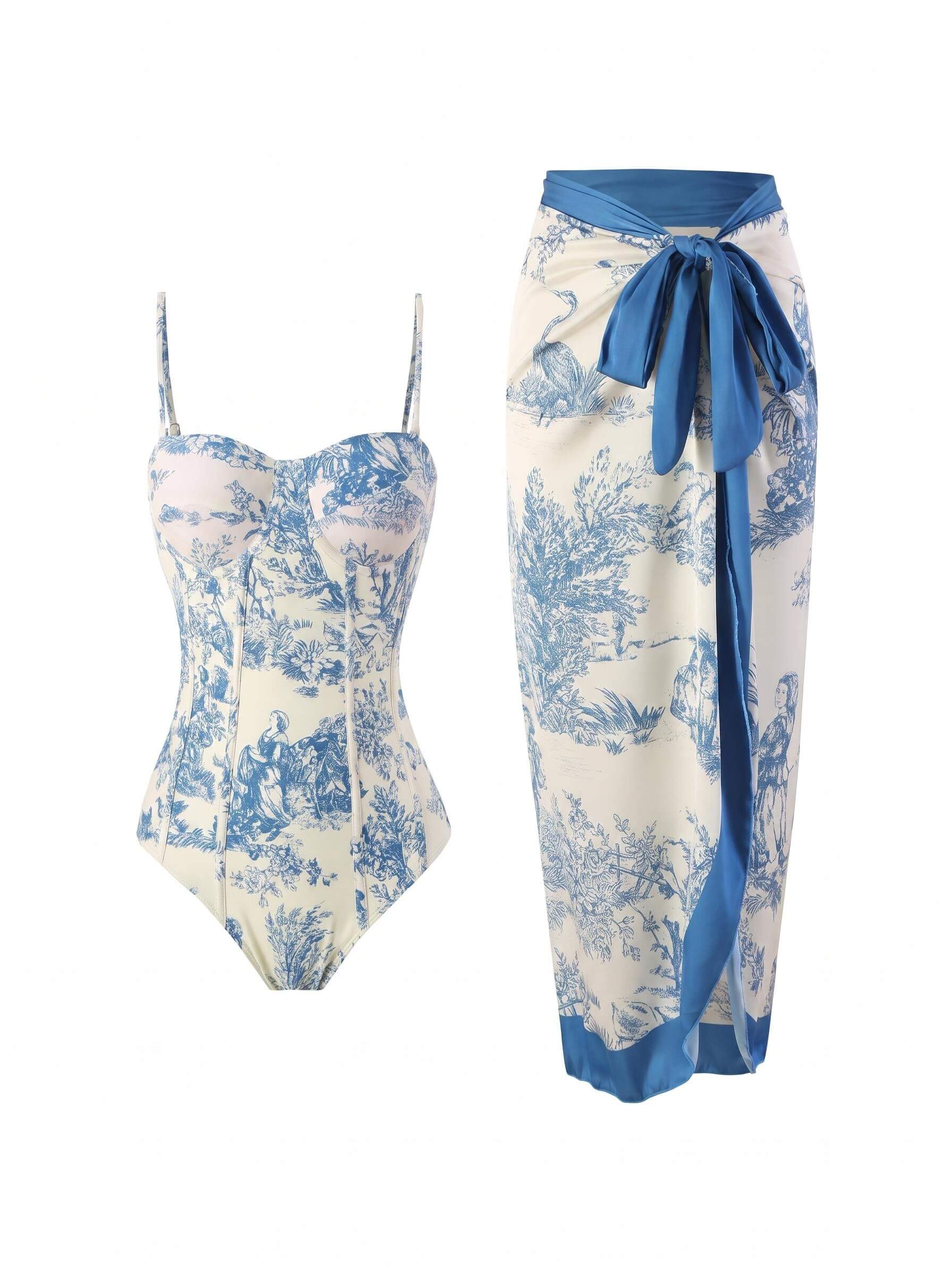 Damen-Badeanzug-Set mit Toile-Print und Sarong