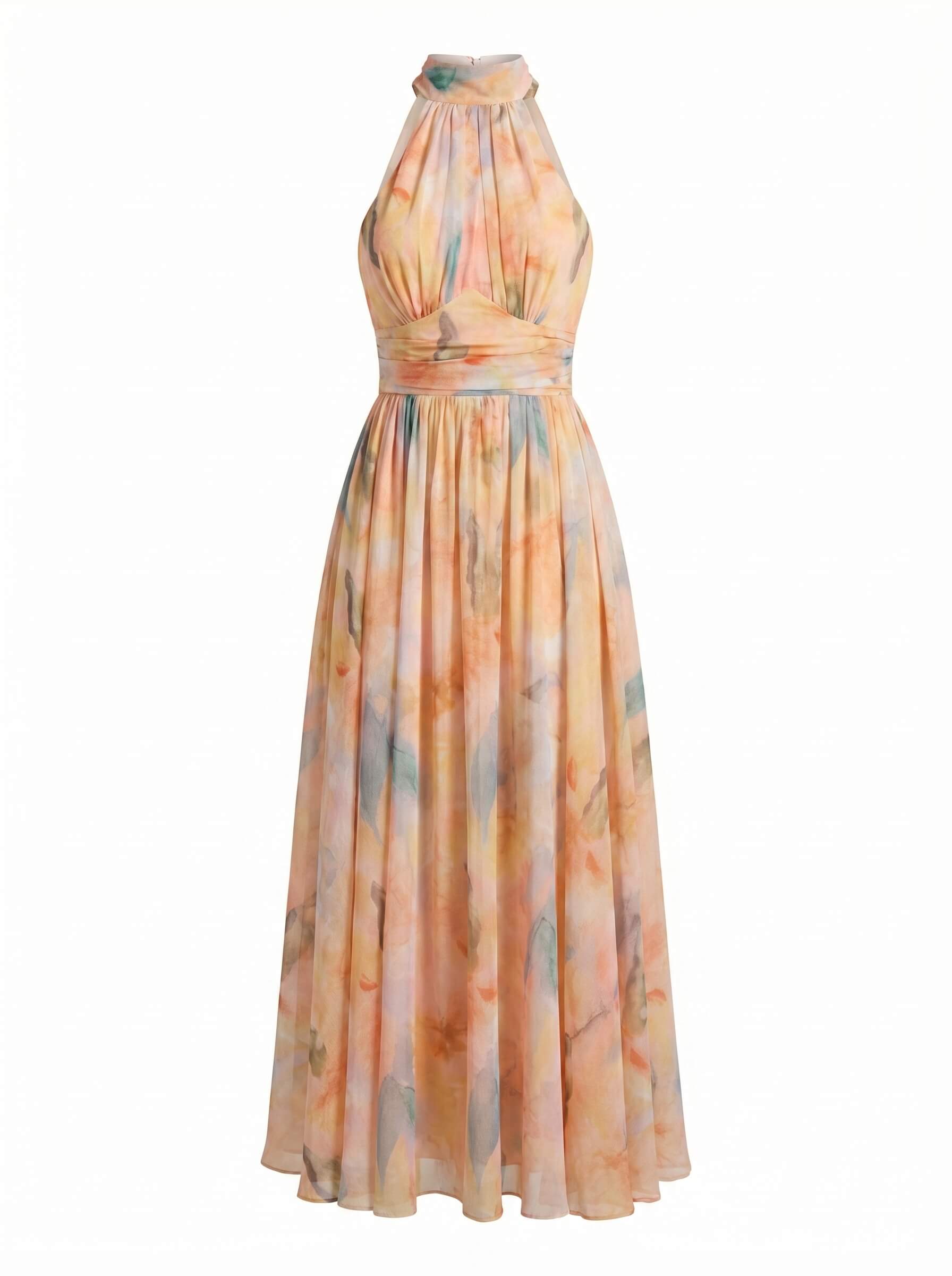 Vestido maxi elegante halter para mujer – Diseño fluido de acuarela