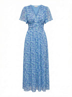 Damen Kleid – Florales Maxikleid mit V-Ausschnitt und Kurzen Ärmeln