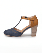 Damen Pumps mit Blockabsatz – Zweifarbige T-Riemchen