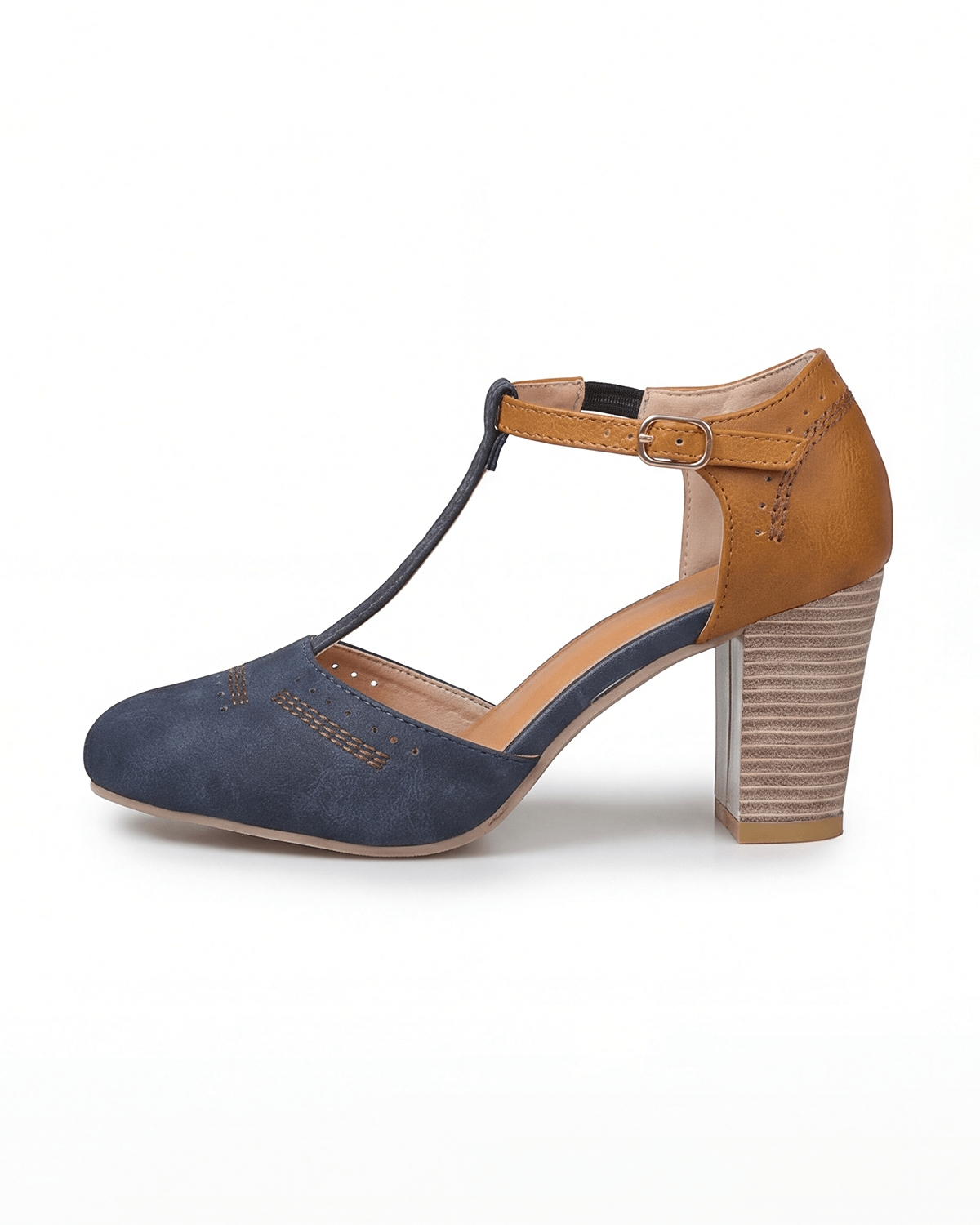 Damen Pumps mit Blockabsatz – Zweifarbige T-Riemchen