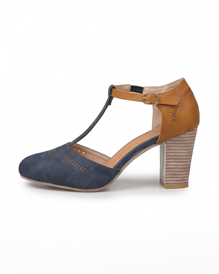 Damen Pumps mit Blockabsatz – Zweifarbige T-Riemchen