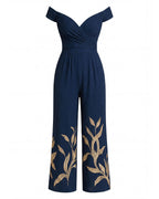 Damen Jumpsuit – Off-Shoulder Weit Geschnitten mit Stickerei für Elegante Anlässe