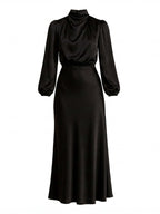 Elegantes Damen Midi-Kleid mit hohem Ausschnitt und langen Ärmeln