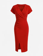 Damen Midikleid – Elegante V-Ausschnitt Silhouette mit Frontschlitz