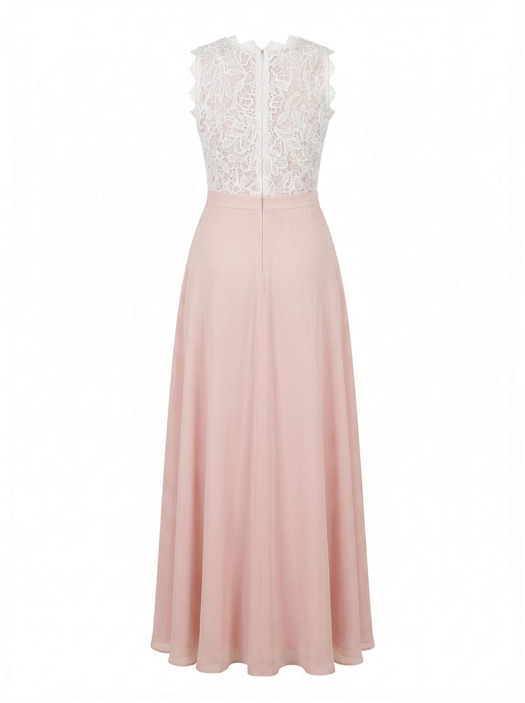 Ärmelloses Damen Maxi-Kleid mit Spitzenoberteil und Chiffonrock