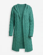 Damen Strickjacke mit Kapuze im Zopfmuster – Lange Wärme & Taschenkomfort
