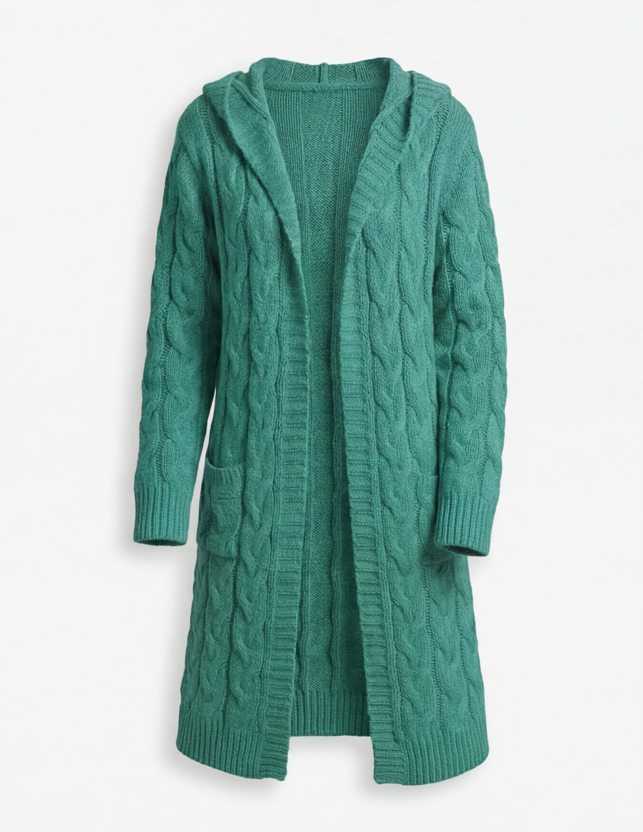 Damen Strickjacke mit Kapuze im Zopfmuster – Lange Wärme & Taschenkomfort
