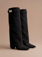 Damen Stiefel – Elegante Kniehohe Wildleder Boots mit Gold-Detail