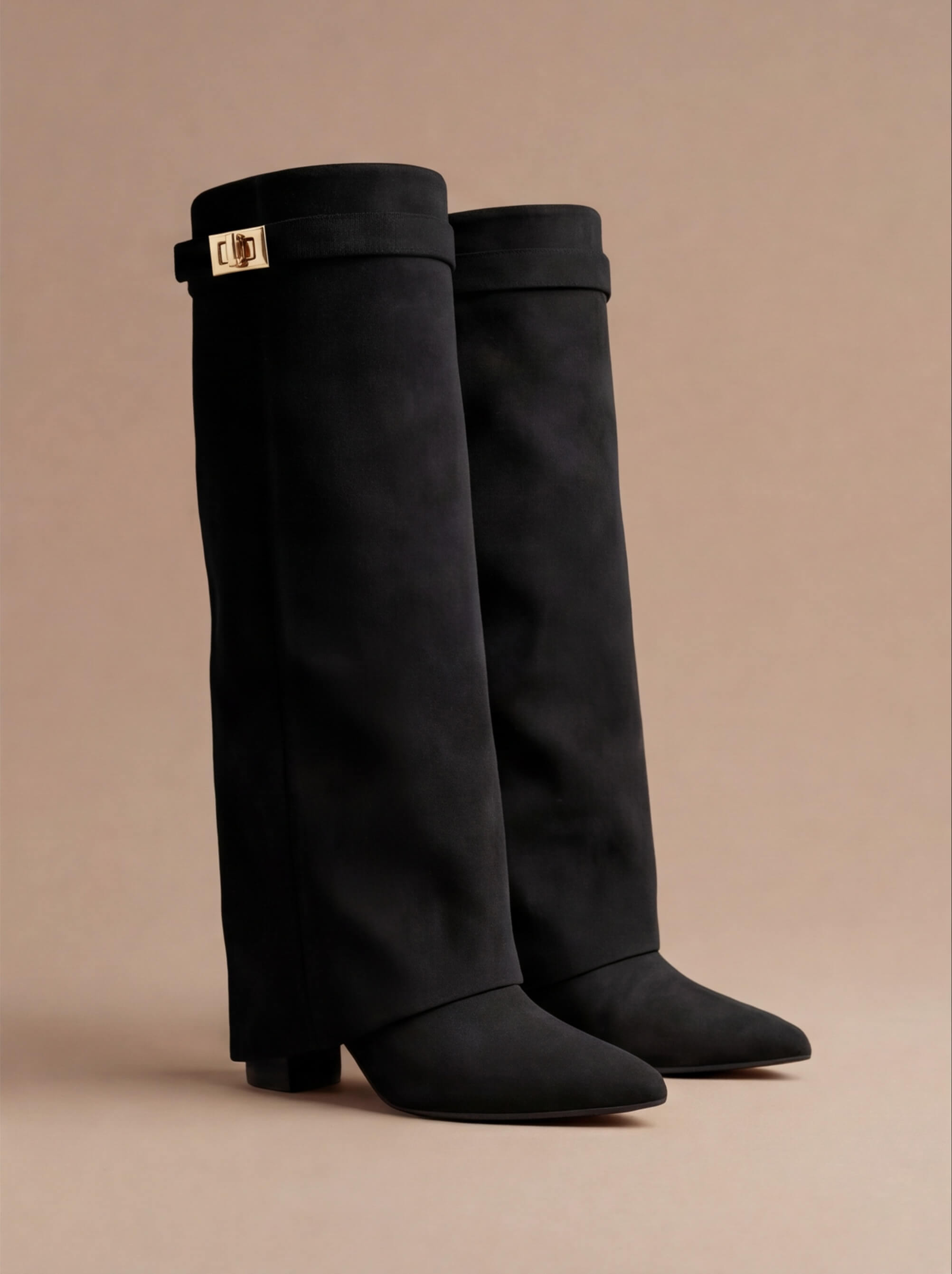 Damen Stiefel – Elegante Kniehohe Wildleder Boots mit Gold-Detail