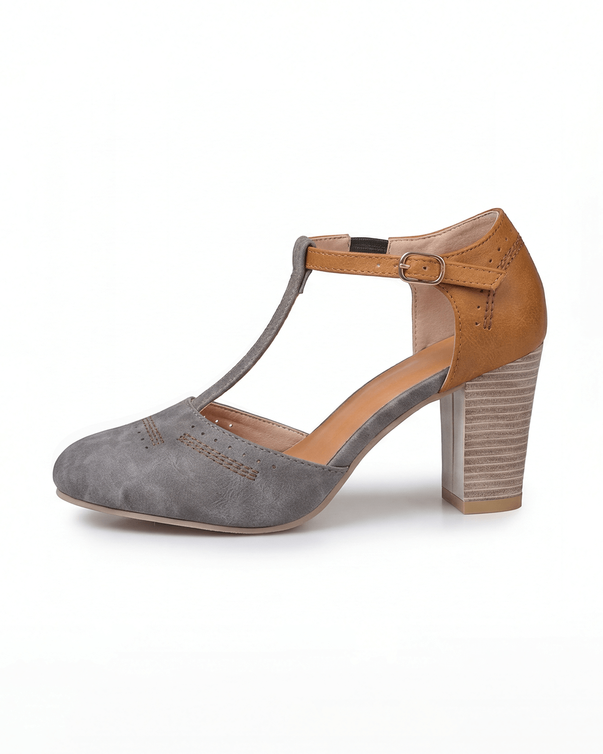 Damen Pumps mit Blockabsatz – Zweifarbige T-Riemchen