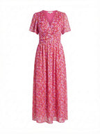 Damen Kleid – Florales Maxikleid mit V-Ausschnitt und Kurzen Ärmeln