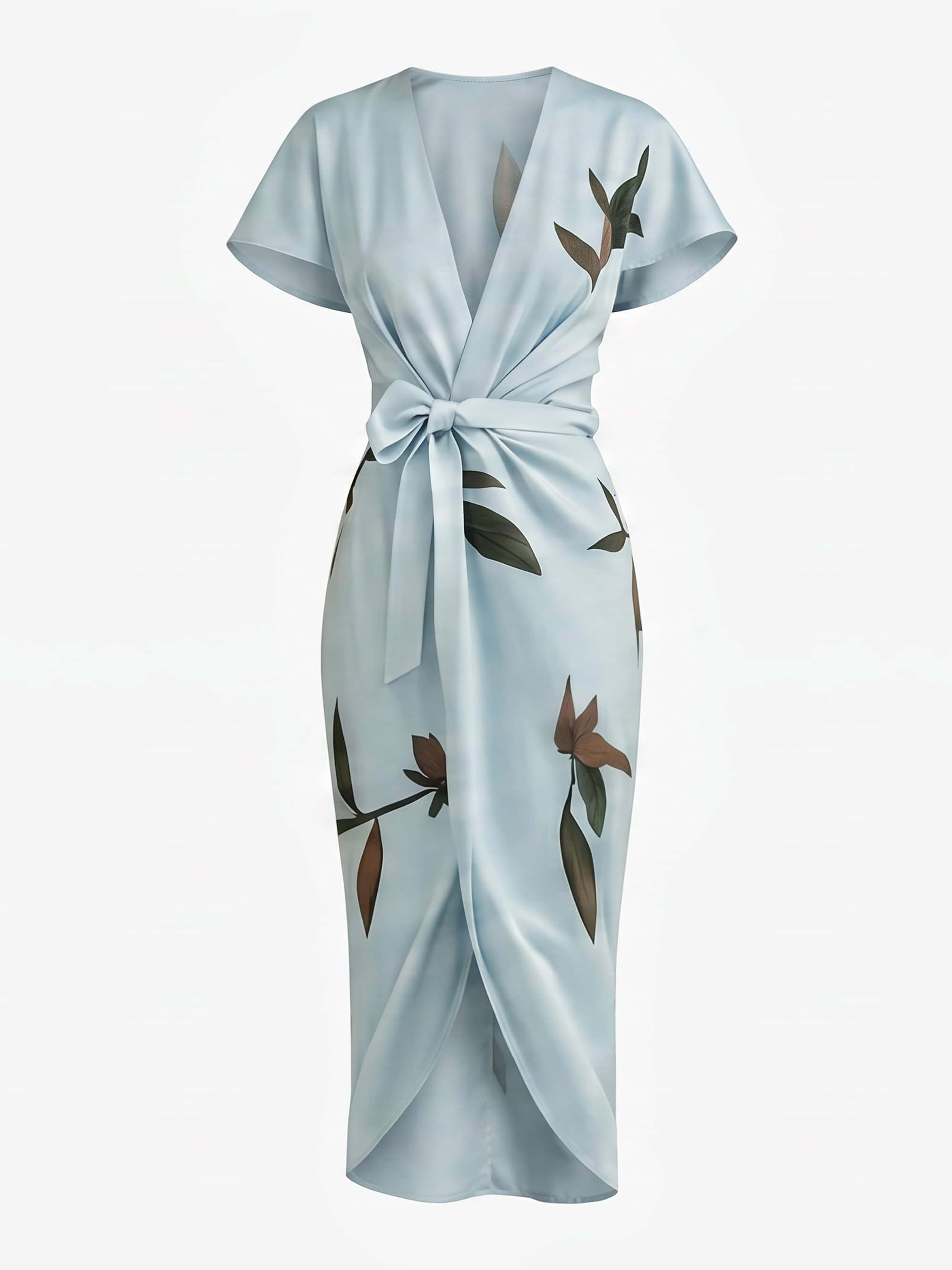 Damen-Wickelkleid mit Blättermuster und Bindegürtel