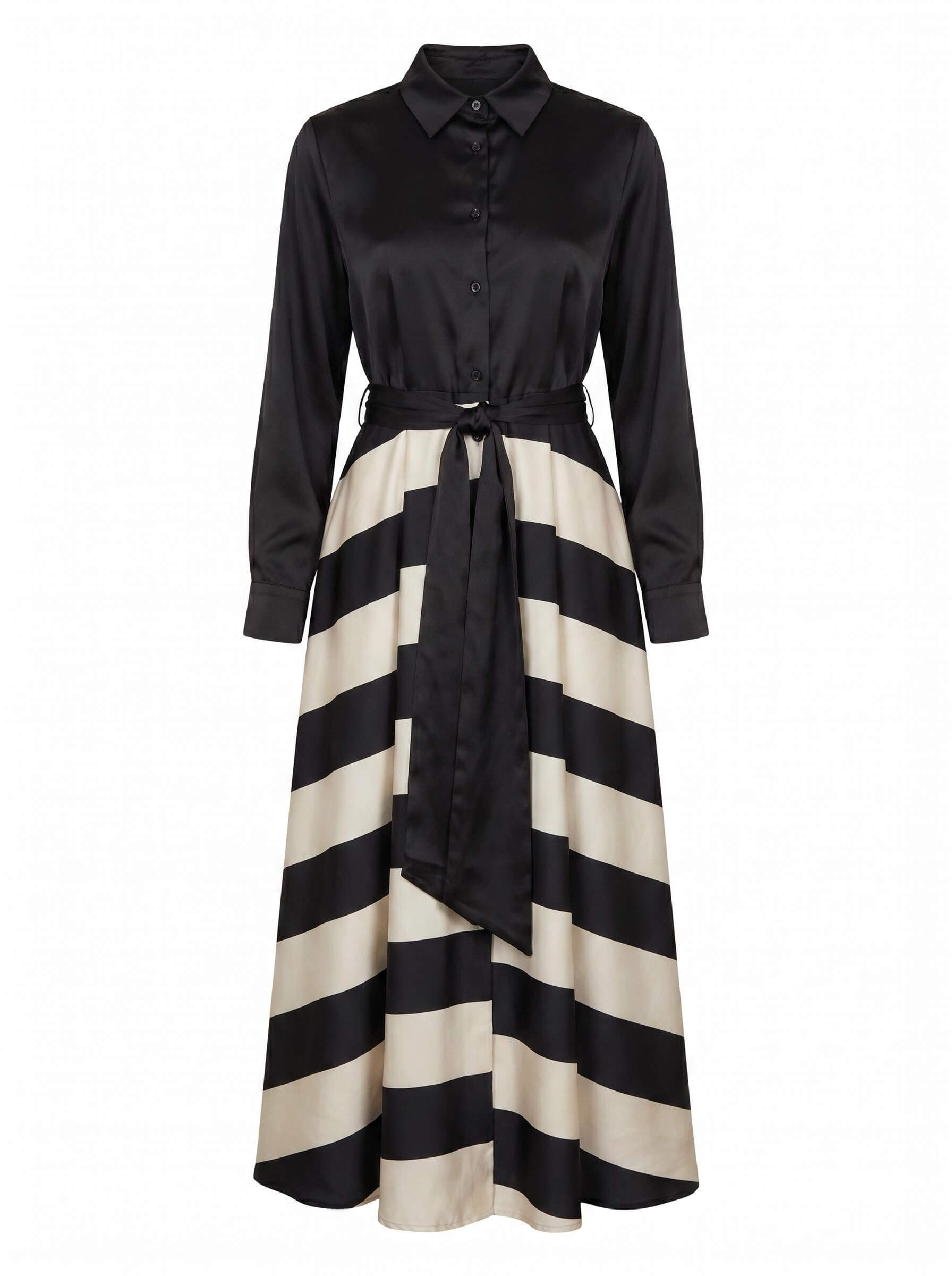 Gestreiftes Damen-Maxi-Hemdkleid mit Bindegürtel