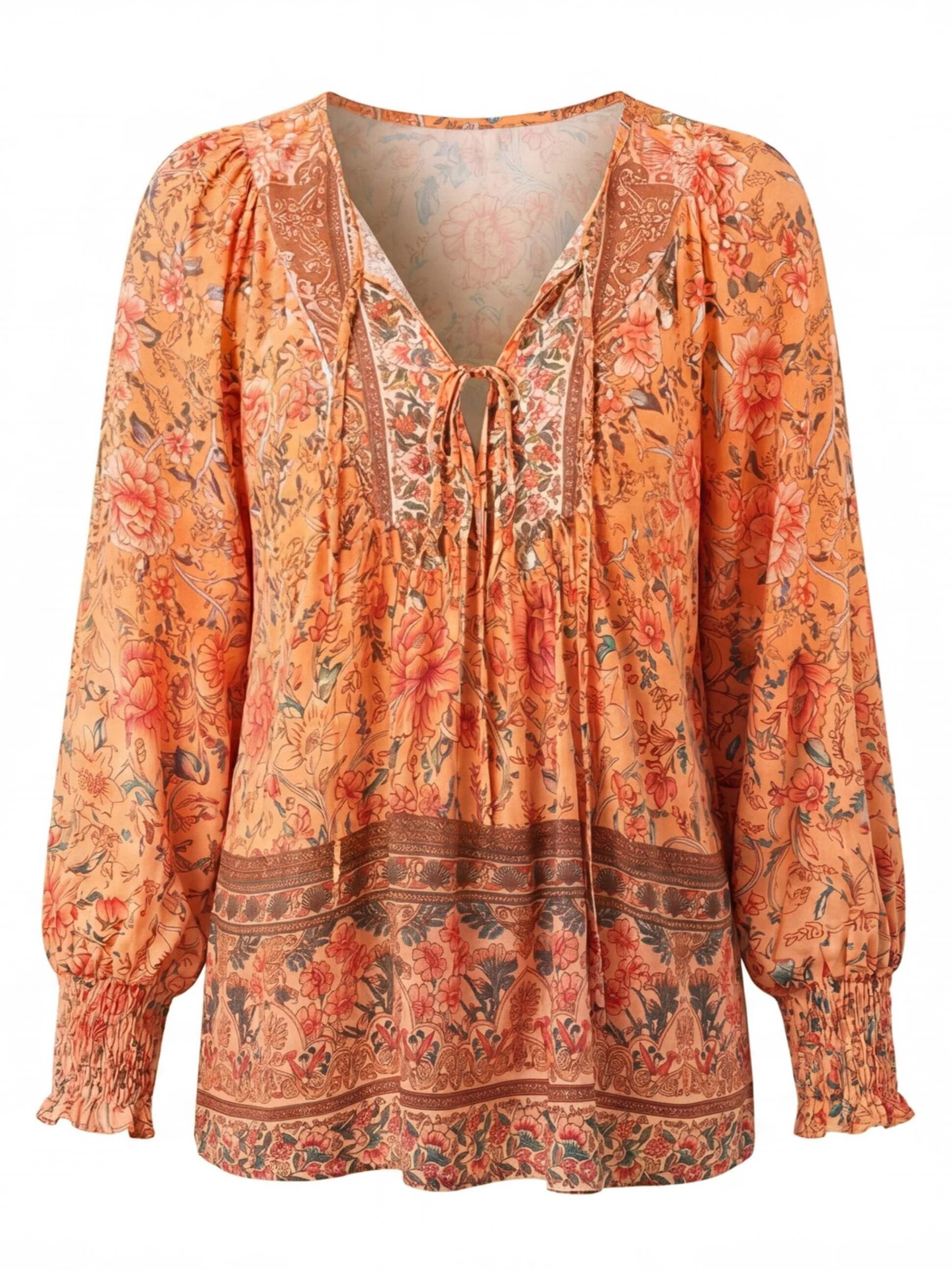 Damenbluse mit Blumenmuster und Bindeband-Ausschnitt