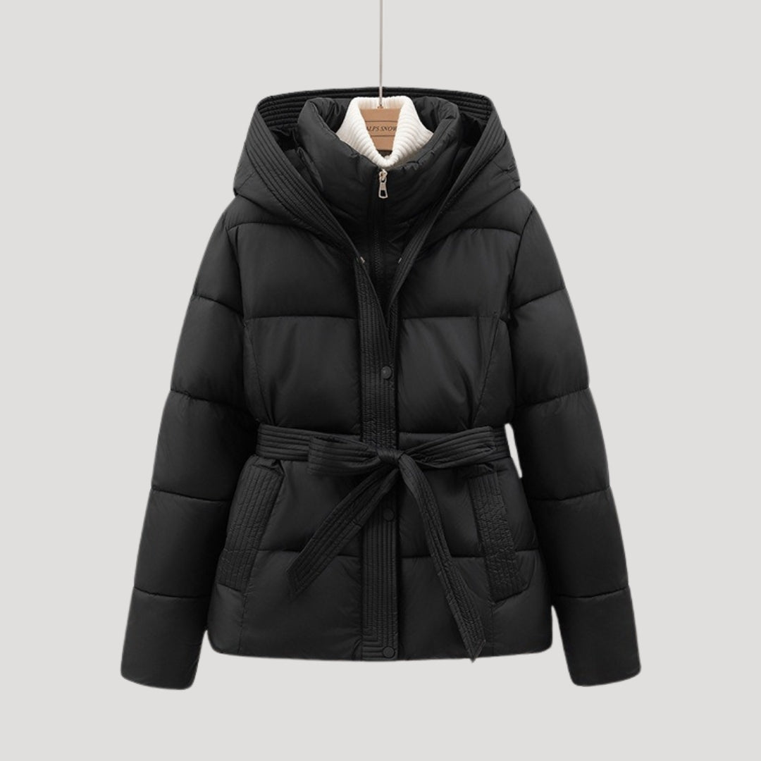 Damen Winter Steppjacke – Taillierte Kapuzenjacke mit Bindegürtel