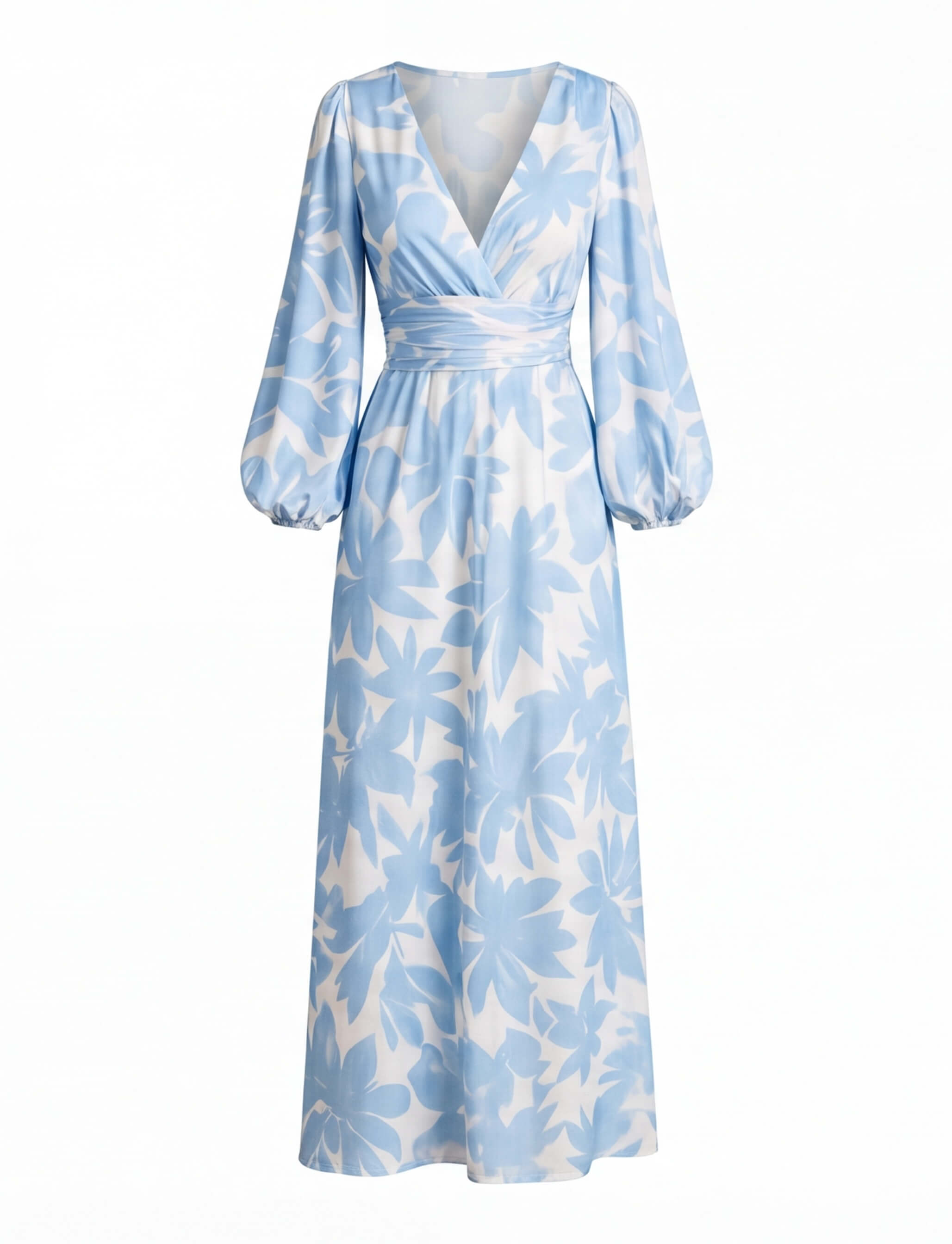 Damen Satin Maxikleid mit Tiefem V-Ausschnitt und Langen Ärmeln
