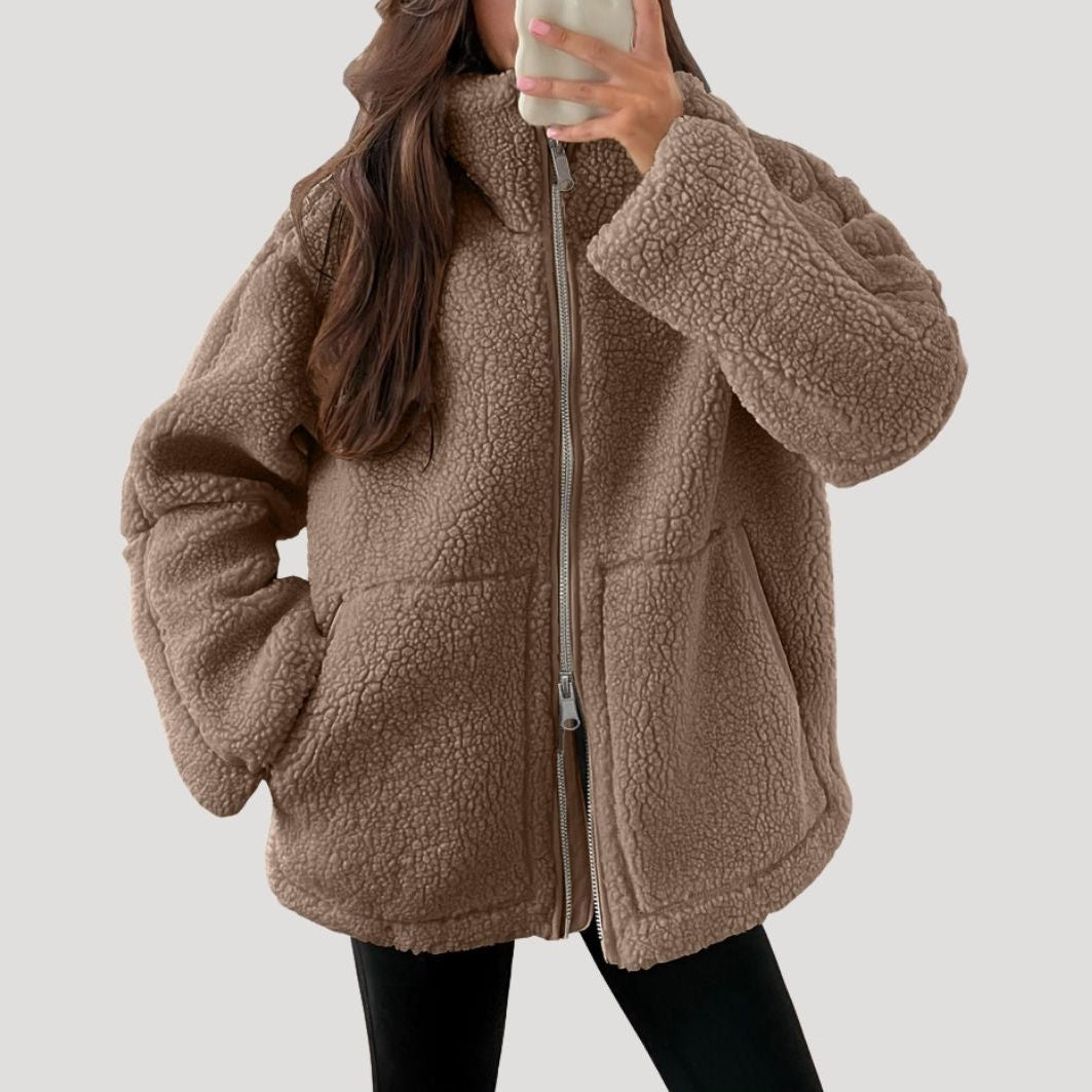 Damen Fleecejacke – Kuschelige Teddy Winterjacke mit Reißverschluss